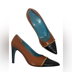 Valentina Rangoni Black Tan Leather Heels Women 10 Preppy Chain Corpcore Classy